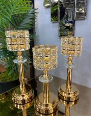 3 lü ayaklı taşlı şamdan seti gold