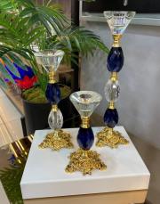 3 lü kiristal şamdan gold ayak mavi