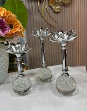 kristal şamdan ayaklı lotus 3 lü gümüş