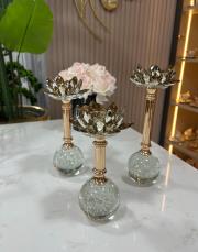 kristal şamdan ayaklı lotus 3 lü bronz