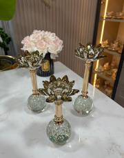 kristal şamdan ayaklı lotus 3 lü bronz 2