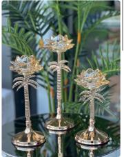 3 lü lotus palmiye şamdan bronz