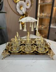 yaprak çay seti tepsili komple set gold