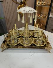 yaprak çay seti tepsili komple set gold 2