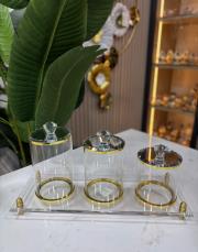 kristal kavonoz seti ve pleksi stand gold