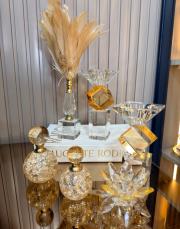 kristal bal set 6 parça [ 2 li şamdan, tüy, 2li parfüm dekor,lotus] bal 