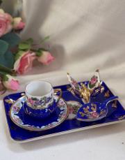 tek kişilik tepsili el boyaması set indigo mavi